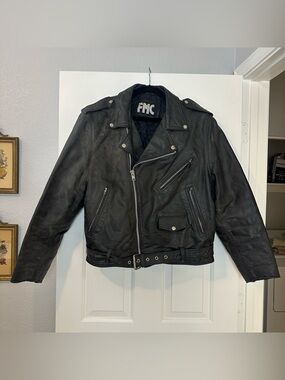 100% Leather Vintage FMC Black Biker Jacket - Men's Motorcycle Coat